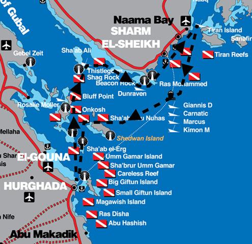 Map of the Straits of Tiran and North itinerary for our Red Sea trip.